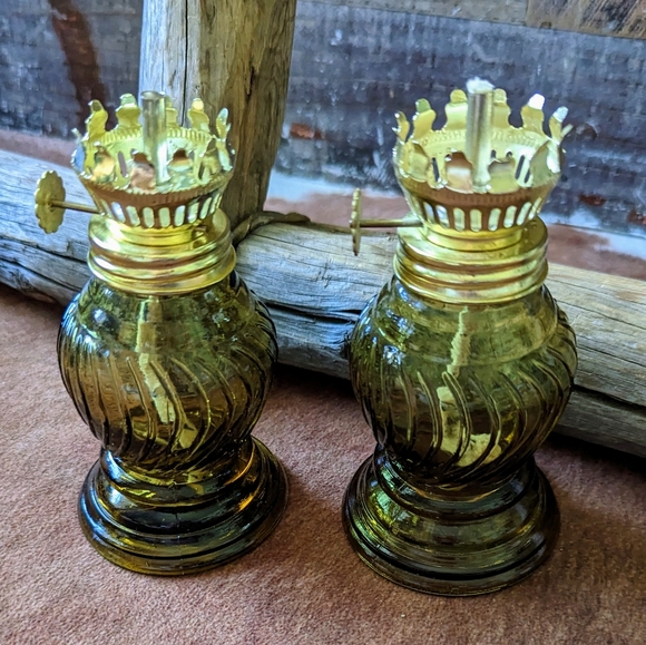 Vintage Green Embossed Glass Oil Lamps LIU on Bottom - Picture 3 of 7